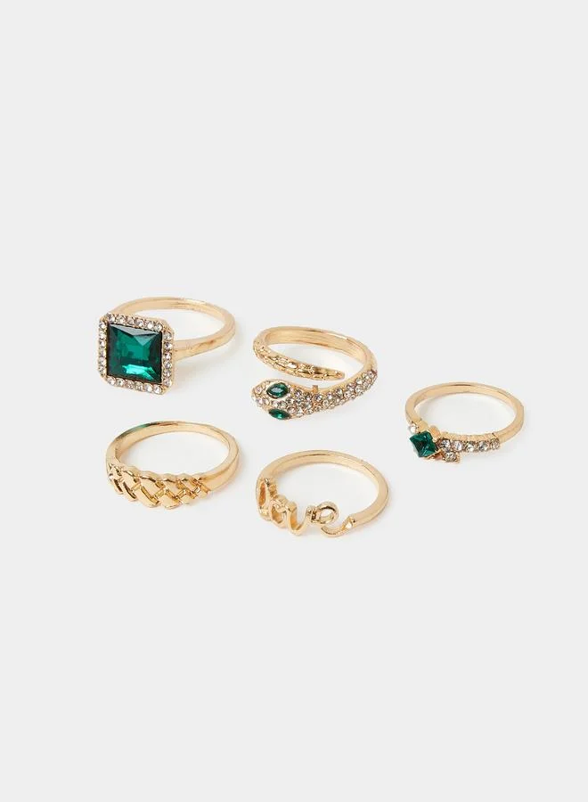 Styli Pack Of 5 - Gold Tone With Green Gemstones Embellished Rings