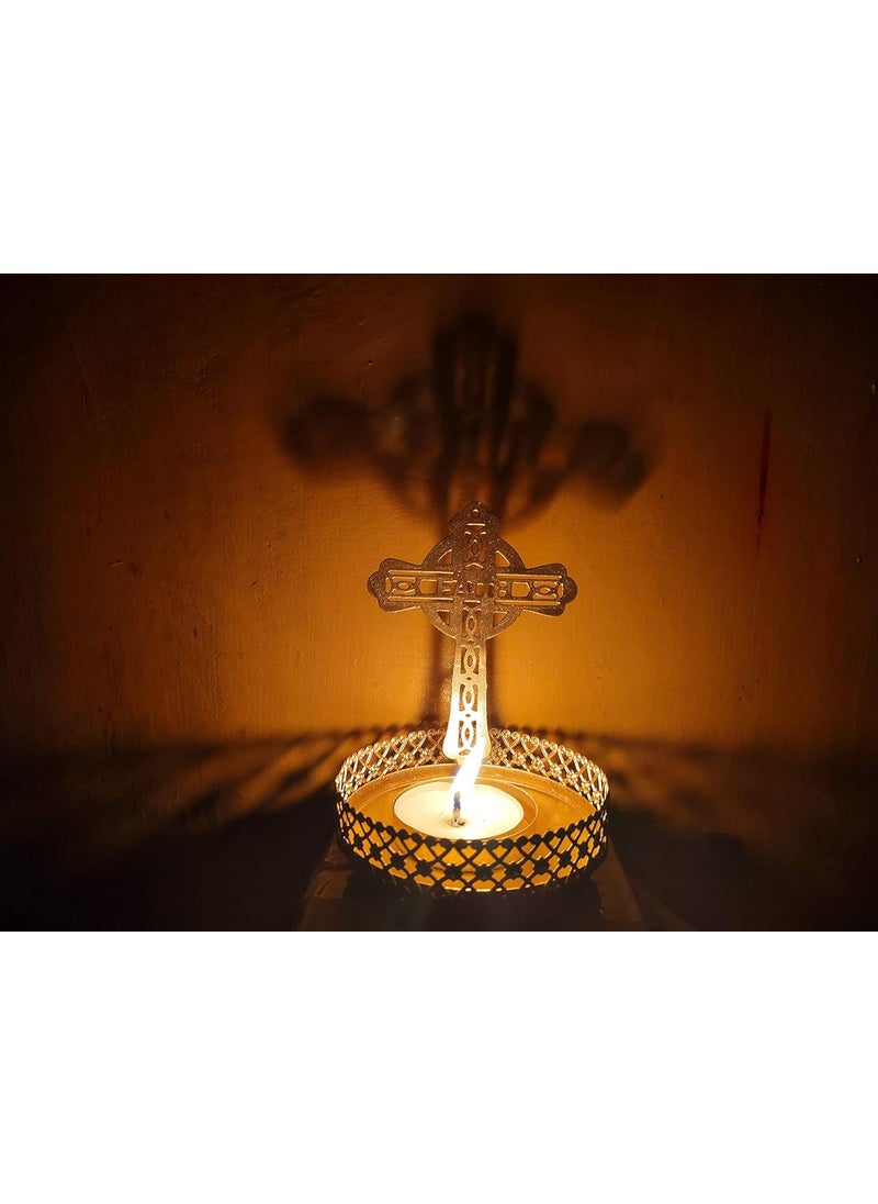 DEV POOJA STORE Gold Metal Christian Cross Jesus Christ Shaped Tealight Holder for Gift Christmas Lights Shadow Lamp 55  - Image 3