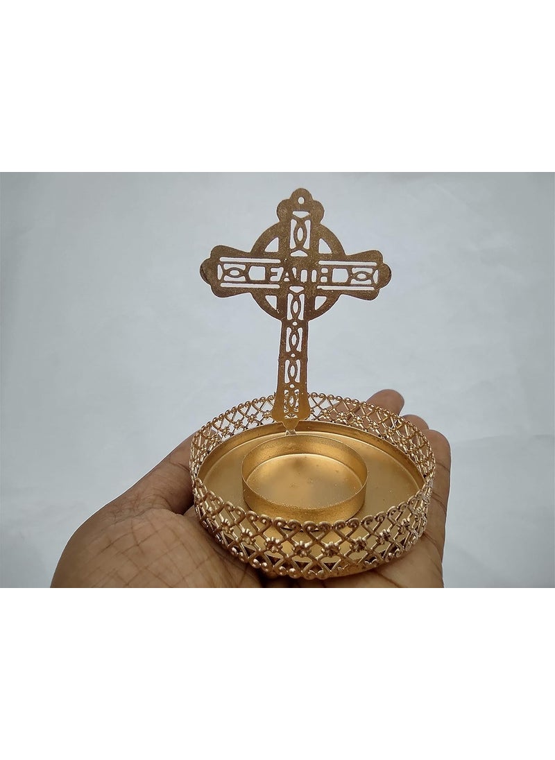 DEV POOJA STORE Gold Metal Christian Cross Jesus Christ Shaped Tealight Holder for Gift Christmas Lights Shadow Lamp 55  - Image 1