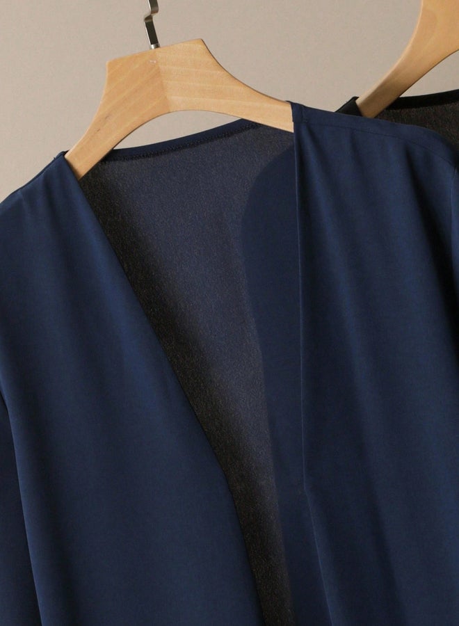 Take Two Navy Blue Balloon Sleeve Open Front Abaya - Image 2