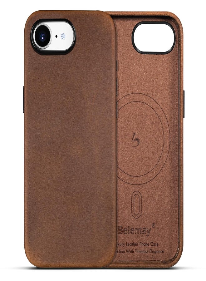 Belemay Compatible with iPhone 16e Leather Case, Compatible with Magsafe, Premium Crazy Horse Leather [Vintage Aesthetic] Comfort Grip, Unique Patina, Metal Buttons Cover (6.1 inch), Retro Brown - Image 1