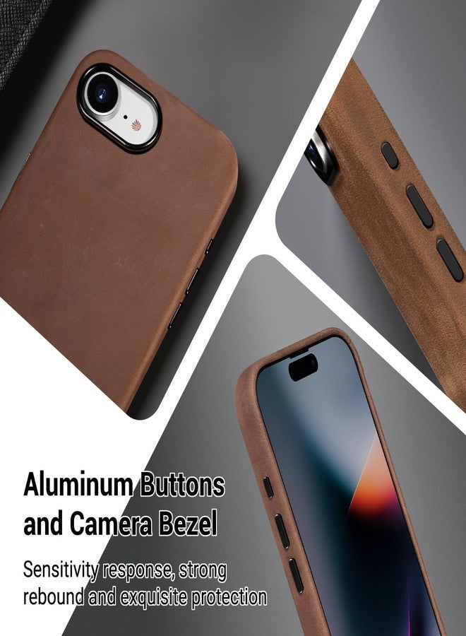 Belemay Compatible with iPhone 16e Leather Case, Compatible with Magsafe, Premium Crazy Horse Leather [Vintage Aesthetic] Comfort Grip, Unique Patina, Metal Buttons Cover (6.1 inch), Retro Brown - Image 3