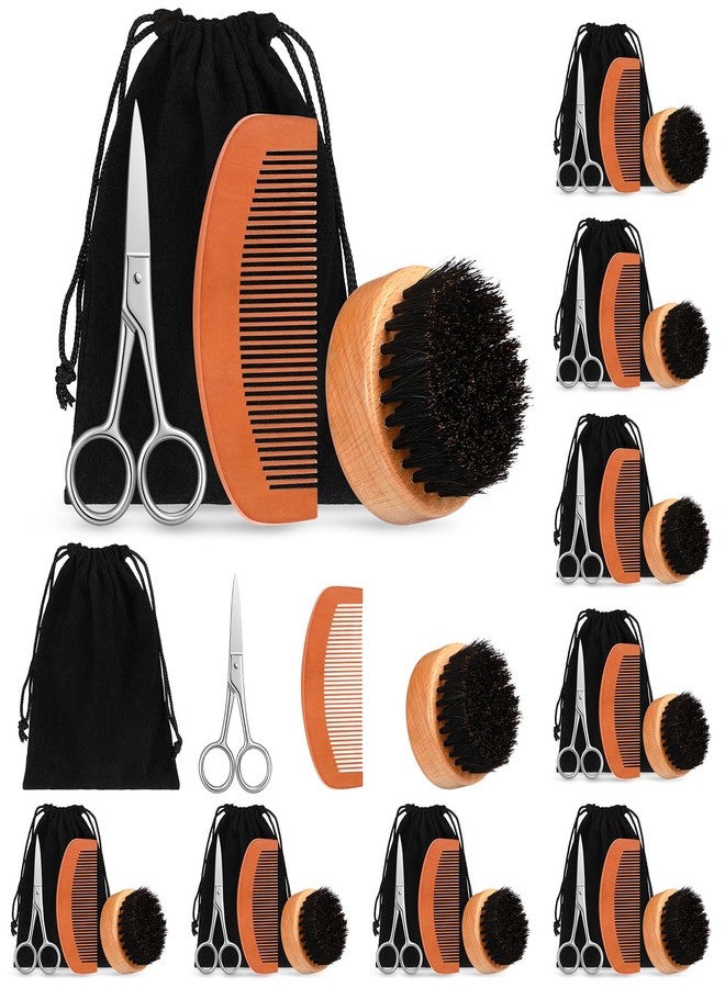 Maitys 10 Sets Beard Brush and Comb Set Bulk Boar Bristle Beard Brush Comb Scissors Kit Gifts for Men Father Colleague Employee Appreciation(Round Brush) - Image 1