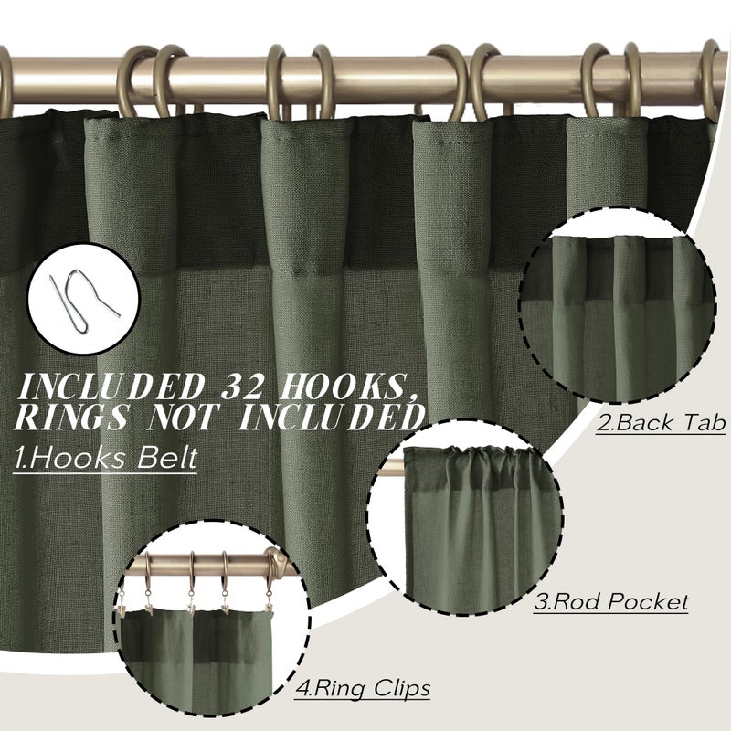 PANELSBURG Curtains for Office 90 Inch Curtains for Vintage Bedroom Closet Boho Moody Aesthetic Decor Linen Sheer Curtains 90 Inches Long for Living Room Olive Green 2 Panels Set - Image 2