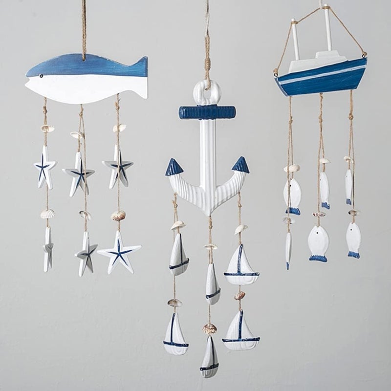 أجراس رياح خشبية على شكل سمكة، بتصميم قارب شراعي متوسطي، لتزيين غرفة المعيشة والفناء (أ)