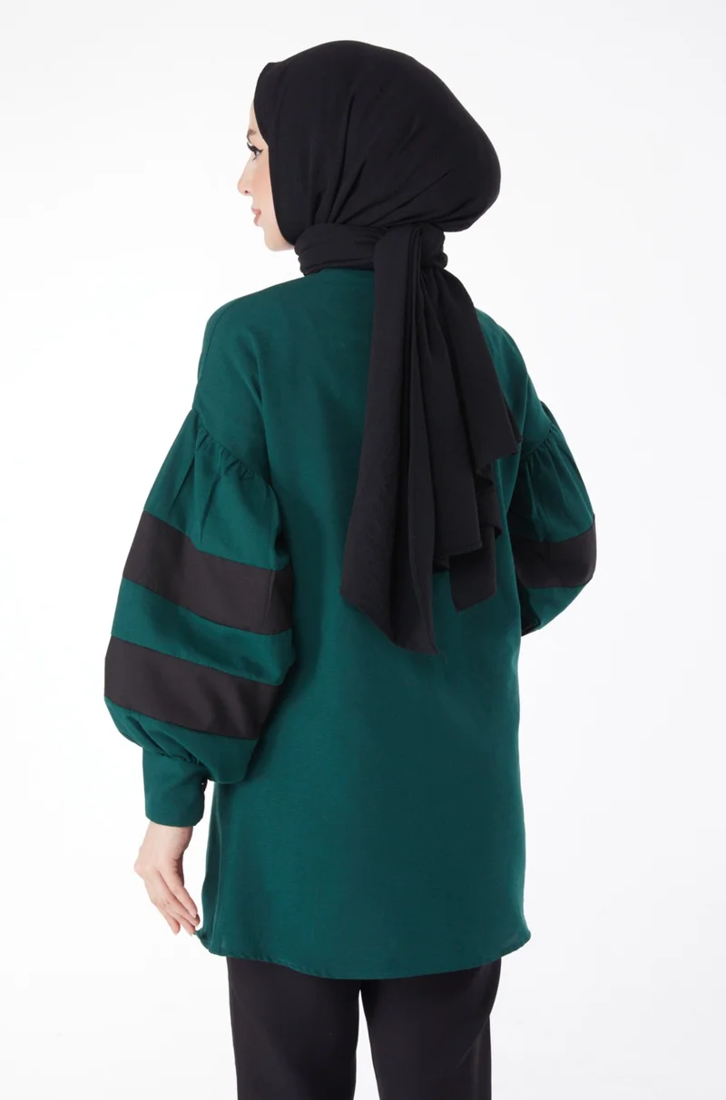 Tofisa Plain Shirt Collar Women's Green Balloon Sleeve Garnish Tunic - 13158