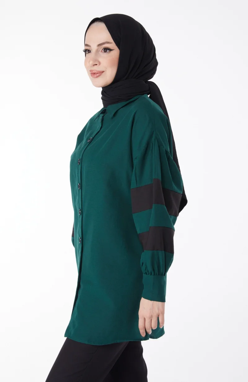 Tofisa Plain Shirt Collar Women's Green Balloon Sleeve Garnish Tunic - 13158