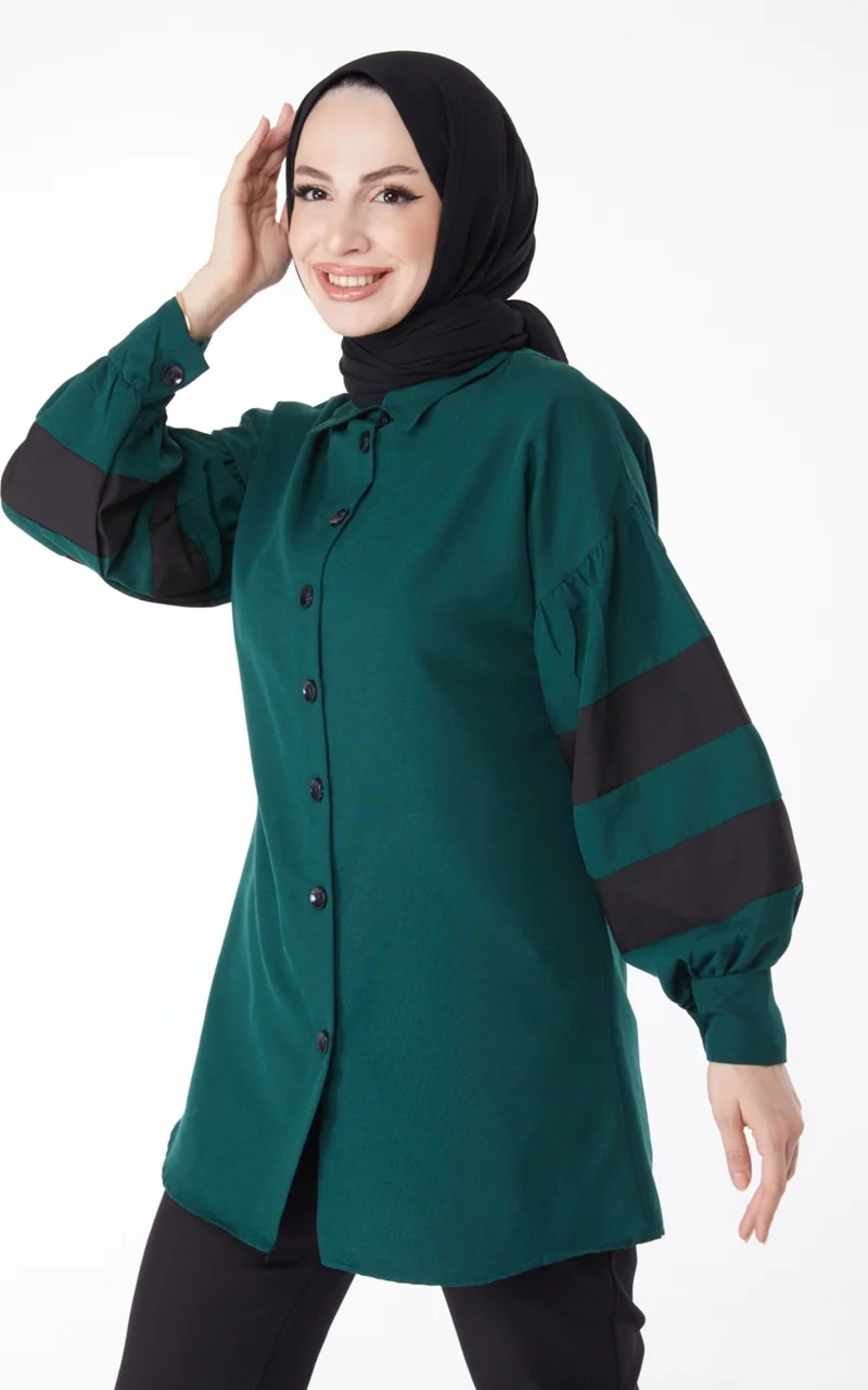 Tofisa Plain Shirt Collar Women's Green Balloon Sleeve Garnish Tunic - 13158
