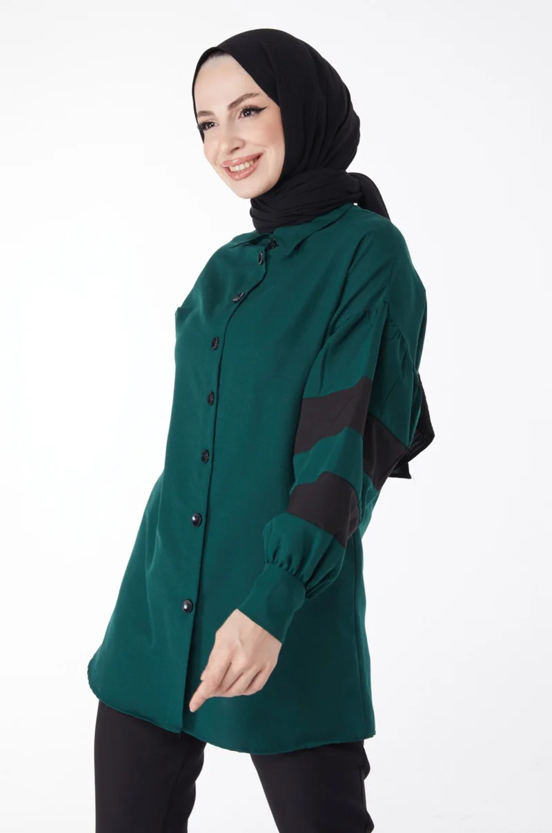 Tofisa Plain Shirt Collar Women's Green Balloon Sleeve Garnish Tunic - 13158