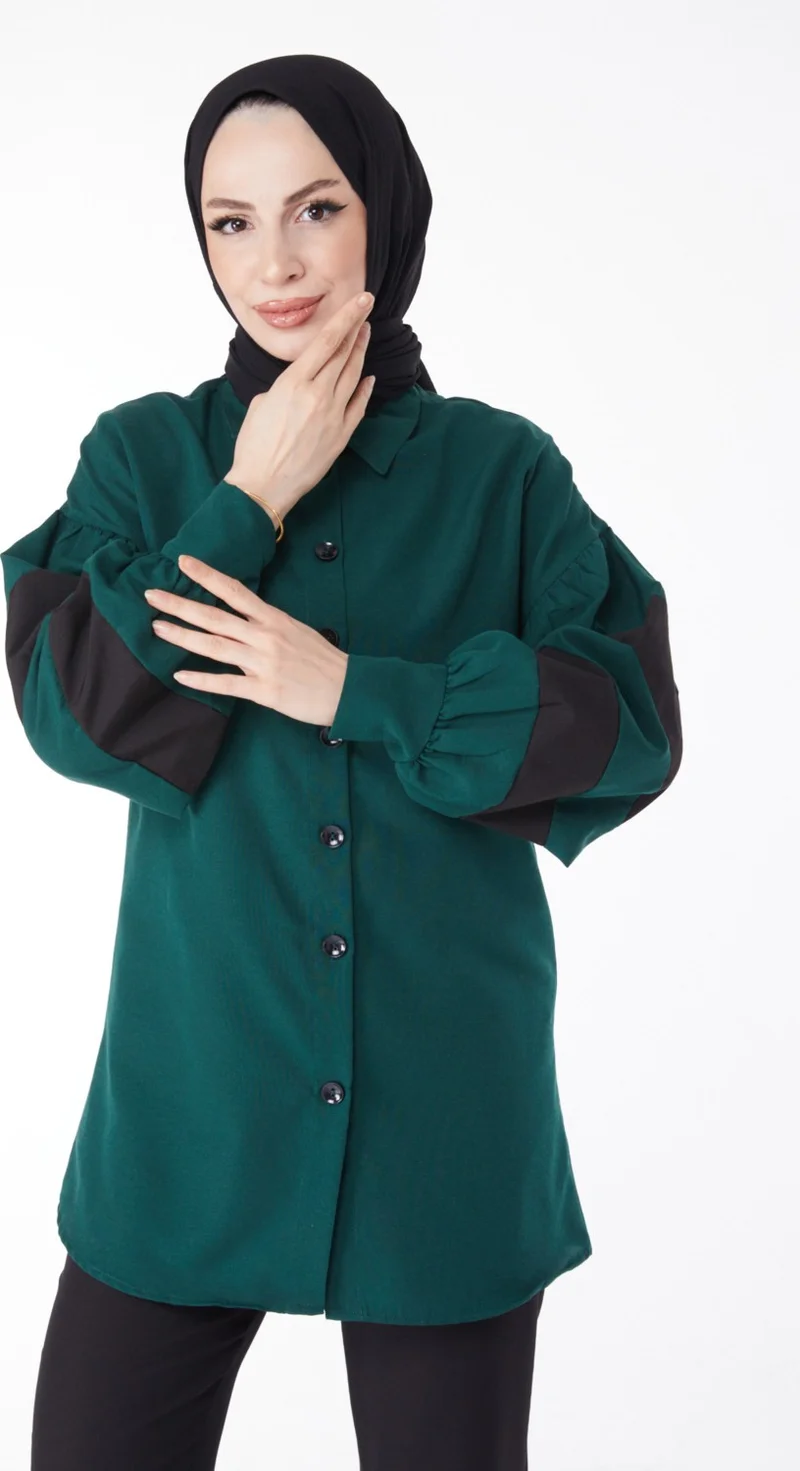 Tofisa Plain Shirt Collar Women's Green Balloon Sleeve Garnish Tunic - 13158