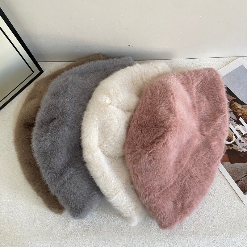 Plush Bucket Hat Women Autumn Winter Oversized Rabbit Fur Warm Hat Faux Fur - Image 3