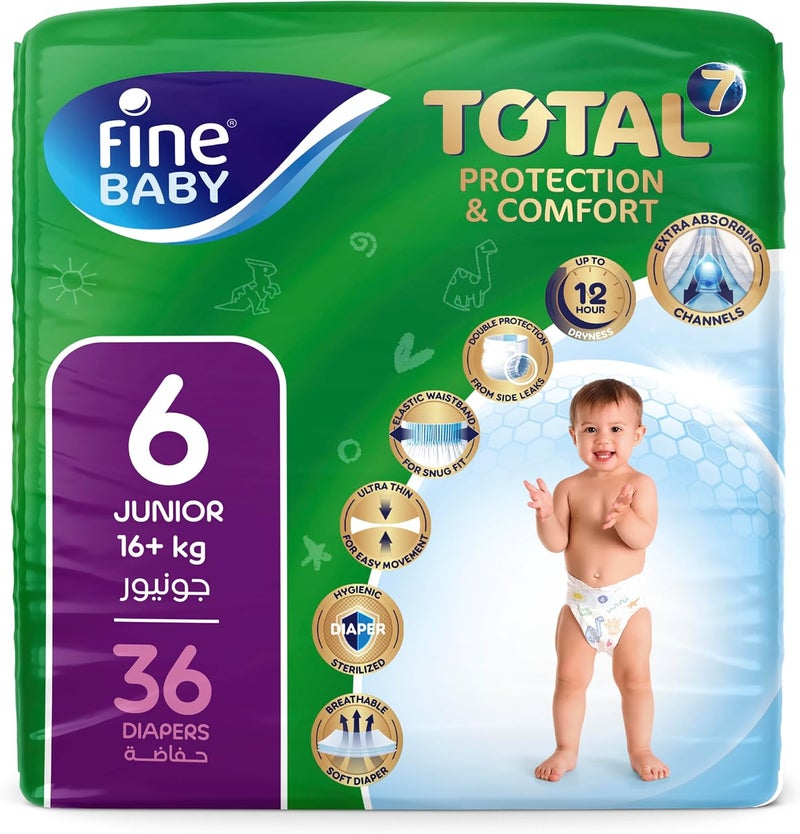 Fine Baby Total 7 Diapers, Size 6 Junior (16+ kg), 36 Count. Superior Protection & Comfort, Extra Absorbent, Improved Formula - Image 1