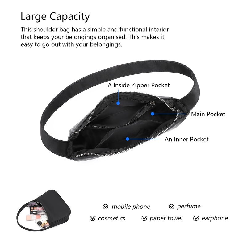 YONBEN Women's Shoulder Bag Purse Simple One-Shoulder Underarm Bag Lightweight and Practical (Nylon/Black) - Image 5