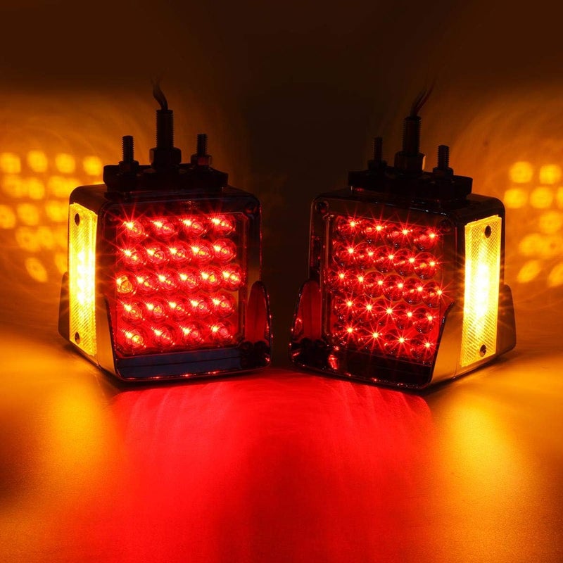 Partsam Double Face Square LED Fender Pedestal Lights Amber/Red 52 LED 3 Studs Mount Truck Trailer Stop Tail Turn Signal Lights Chrome Visor Waterproof w/Side Reflex Clearance Lights Clear Lens - Image 2