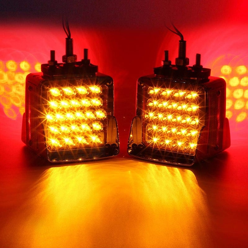 Partsam Double Face Square LED Fender Pedestal Lights Amber/Red 52 LED 3 Studs Mount Truck Trailer Stop Tail Turn Signal Lights Chrome Visor Waterproof w/Side Reflex Clearance Lights Clear Lens - Image 3