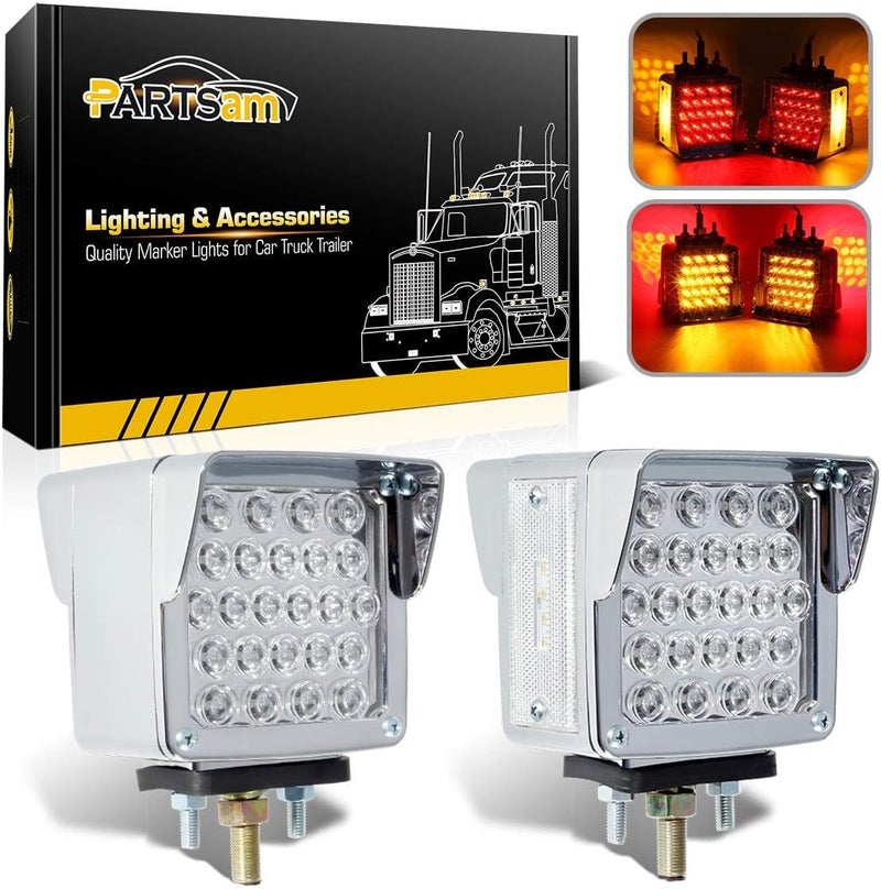 Partsam Double Face Square LED Fender Pedestal Lights Amber/Red 52 LED 3 Studs Mount Truck Trailer Stop Tail Turn Signal Lights Chrome Visor Waterproof w/Side Reflex Clearance Lights Clear Lens - Image 1