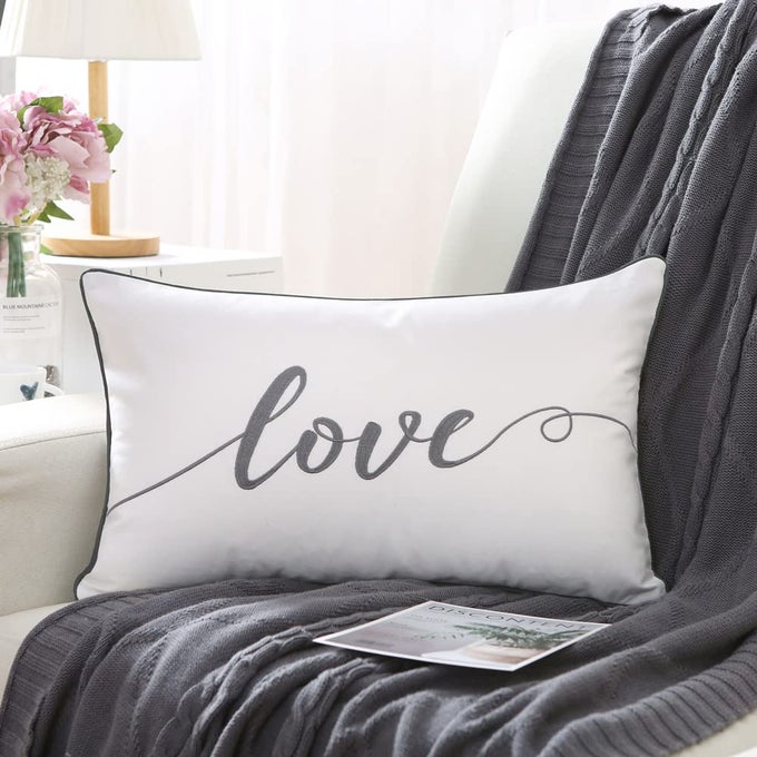 DECORATIVE THROW PILLOW COVERS 12X20 INCHES EMBROIDERY LOVE SOFT COTTON LUMBAR PILLOW CASE GRAY RECTANGULAR CUSHION COVER FOR BED BEDROOM PACK OF 1