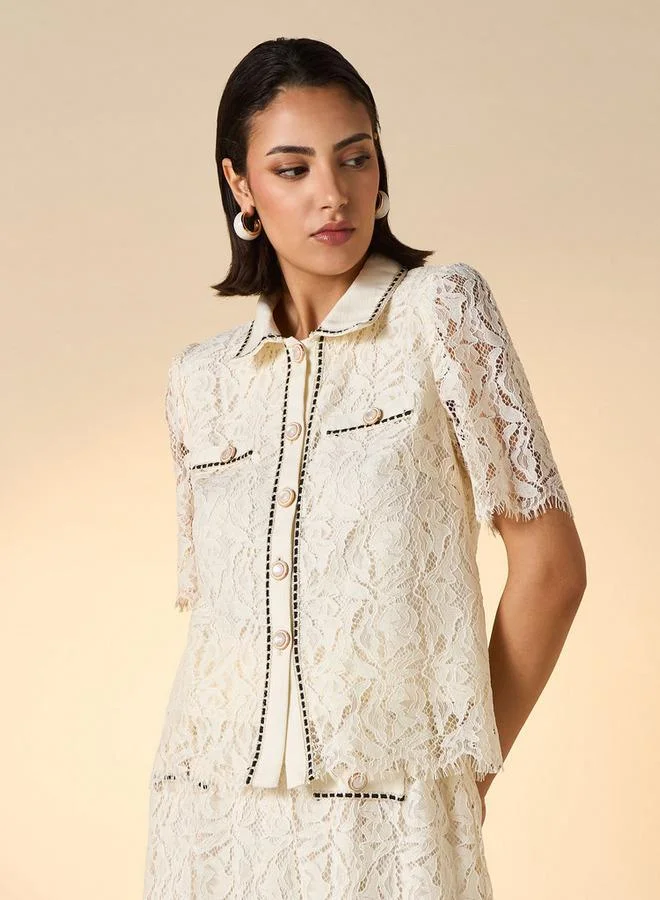 2Xtremz 2Xtremz Laced Collared Top with Button Placket
