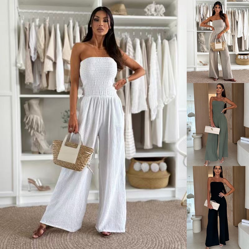 2025 New Summer Double Cotton Solid Color One-Character Collar Pocket Tight Waist Jumpsuit Women'S Clothing - Image 1