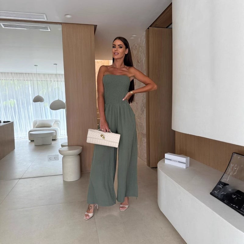 2025 New Summer Double Cotton Solid Color One-Character Collar Pocket Tight Waist Jumpsuit Women'S Clothing - Image 2