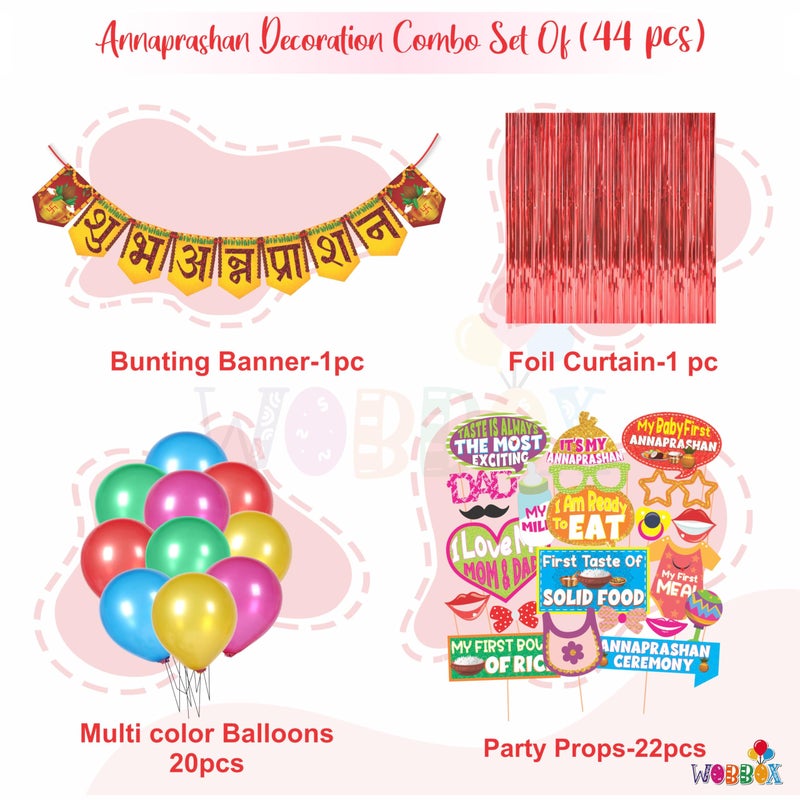 WOBBOX Annaprashan Party Props with Hindi Font Yellow Background with Maroon Color Font Bunting Banner & Balloon & Foil Fringe, Annaprashan Decoration Item (44 Pcs Combo) - Image 2