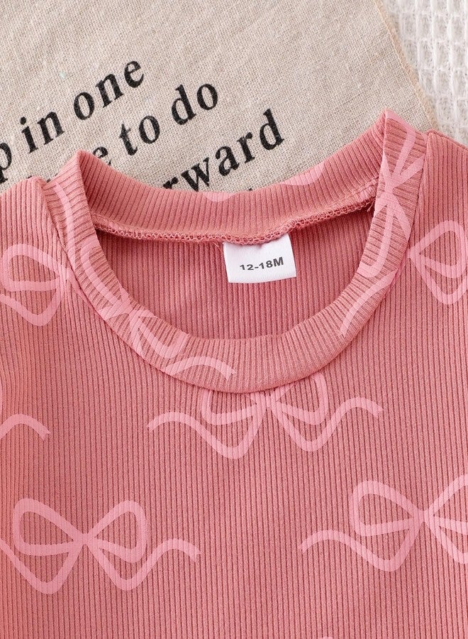 ODIMAME 3t Girl Clothes Toddler Summer Outfits Cute Bow Cute Bow Ruffled Sleeve Shirt Ribbed Knit Tops Shorts Set for Girl Clothing Dark Pink 3-4 Years Old - Image 4