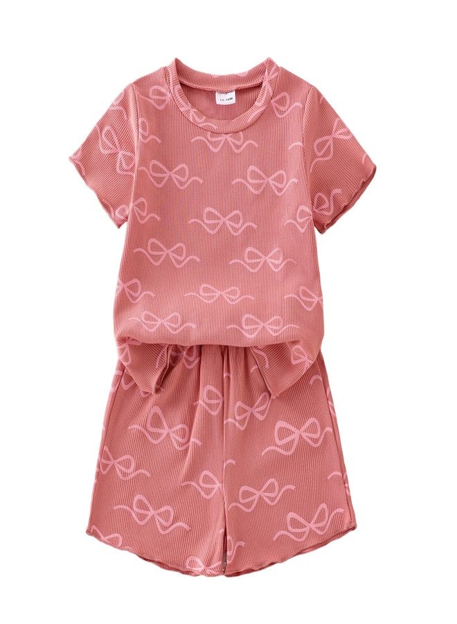 ODIMAME 3t Girl Clothes Toddler Summer Outfits Cute Bow Cute Bow Ruffled Sleeve Shirt Ribbed Knit Tops Shorts Set for Girl Clothing Dark Pink 3-4 Years Old - Image 1
