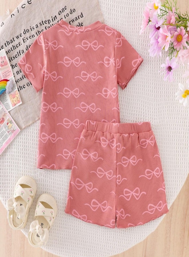 ODIMAME 3t Girl Clothes Toddler Summer Outfits Cute Bow Cute Bow Ruffled Sleeve Shirt Ribbed Knit Tops Shorts Set for Girl Clothing Dark Pink 3-4 Years Old - Image 3