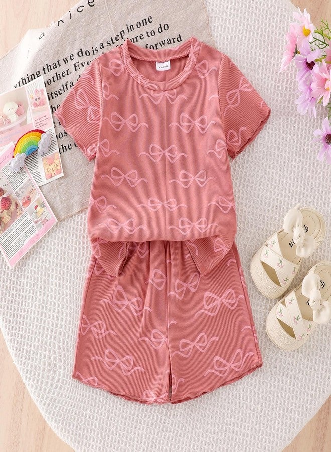 ODIMAME 3t Girl Clothes Toddler Summer Outfits Cute Bow Cute Bow Ruffled Sleeve Shirt Ribbed Knit Tops Shorts Set for Girl Clothing Dark Pink 3-4 Years Old - Image 2