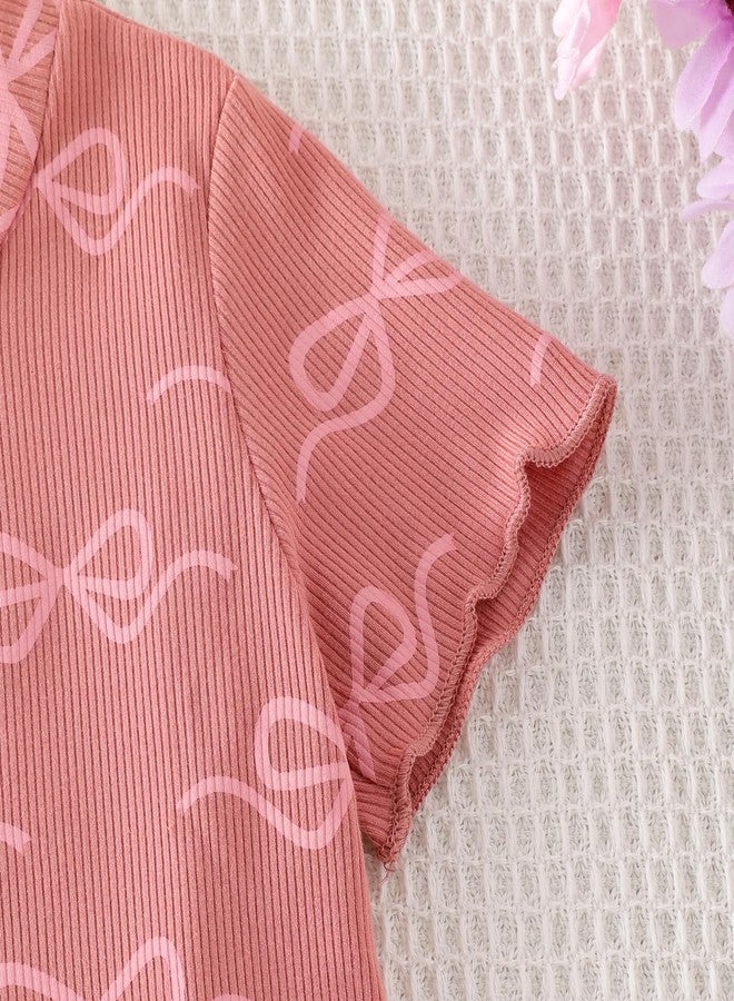 ODIMAME 3t Girl Clothes Toddler Summer Outfits Cute Bow Cute Bow Ruffled Sleeve Shirt Ribbed Knit Tops Shorts Set for Girl Clothing Dark Pink 3-4 Years Old - Image 5
