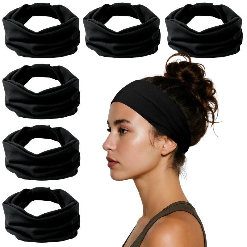 HSEM Headbands for Women, Wide Elastic Head Bands, Non-Slip Thick Hair Bands, Sports Stretchy Sweat Bands, Large Knotted Soft Headband for Washing Face, Makeup, Workout, Spa, Fashion, 6-Pack Black - Image 1