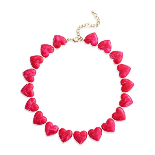 YUJIE Hot Pink Heart Choker Necklace for Women Trendy Acrylic Statement Chunky Bib Necklace, Cute Love Heart Pendant Necklace - Image 1
