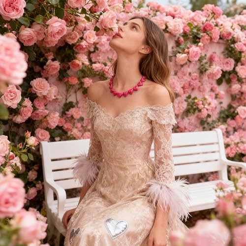 YUJIE Hot Pink Heart Choker Necklace for Women Trendy Acrylic Statement Chunky Bib Necklace, Cute Love Heart Pendant Necklace - Image 4