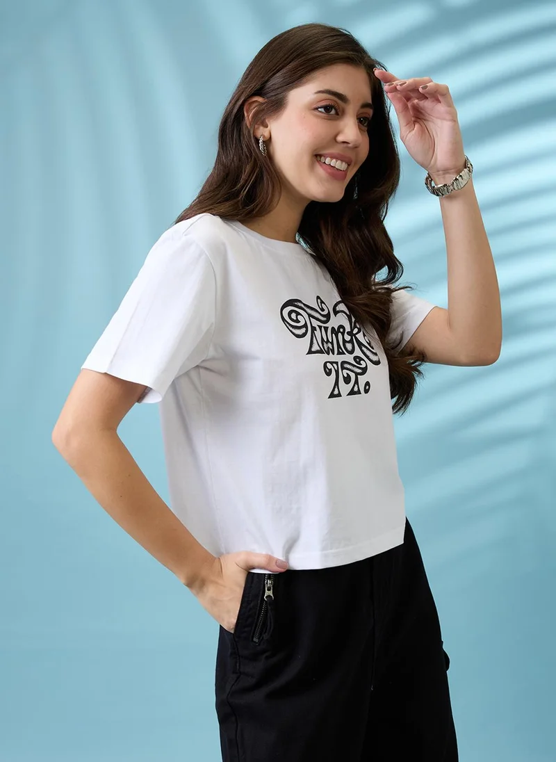 globus Globus Women White Graphic Print Round Neck Short Sleeves Oversized T Shirt