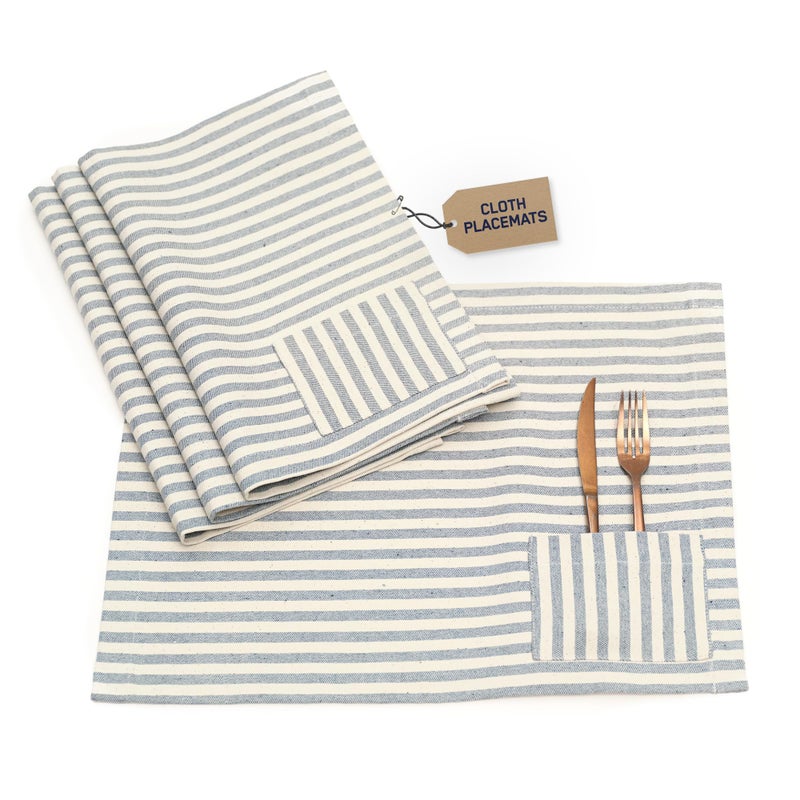 MEEMA MEEMA Cloth Placemats with Pockets Set of 4 | 14 x 20 in | Recycled Denim and Cotton Farmhouse Placemats - Striped | Washable Placemats for Dining Table  Tablemats for Special Ocassions - Image 1