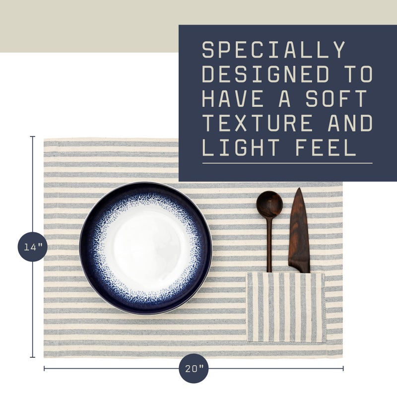 MEEMA MEEMA Cloth Placemats with Pockets Set of 4 | 14 x 20 in | Recycled Denim and Cotton Farmhouse Placemats - Striped | Washable Placemats for Dining Table  Tablemats for Special Ocassions - Image 5