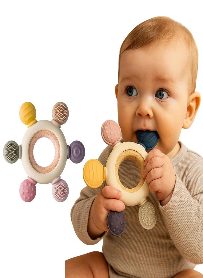 RIOMTRIC Silicone & Wooden Baby Teether for 3+ Months | BPA Free Soft Teething Toy | Safe Teether for Infants | Round Shape | Color - Beige (1Pcs Beige Teether) - Image 1