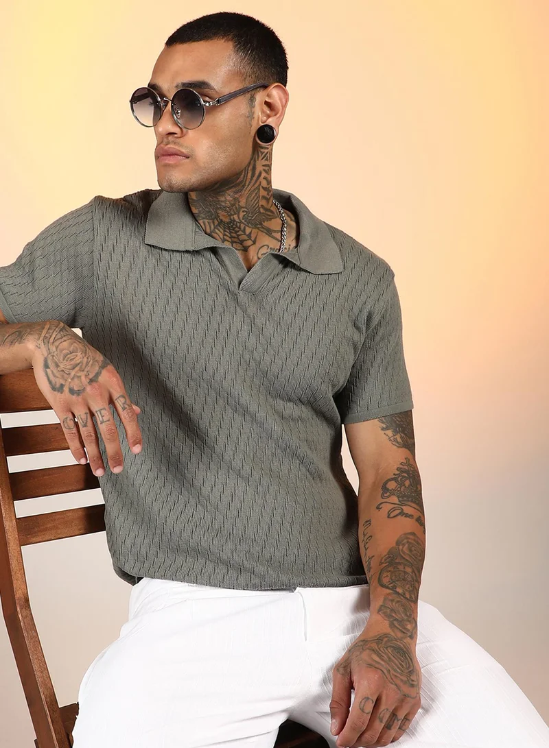 كامبوس سوترا Men's Ash Grey Rhombus-Knit Polo T-Shirt For Casual Wear | Polo Neck | Short Sleeve | Pull On Closure | T-Shirt Crafted With Comfort Fit For Everyday Wear