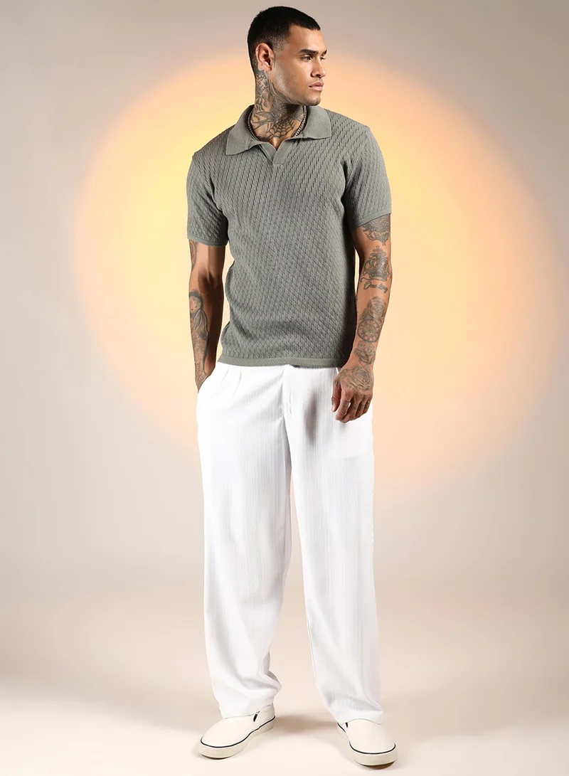 CAHOOT  Men's Ash Grey Rhombus-Knit Polo T-Shirt For Casual Wear | Polo Neck | Short Sleeve | Pull On Closure | T-Shirt Crafted With Comfort Fit For Everyday Wear for Men | Best Price UAE