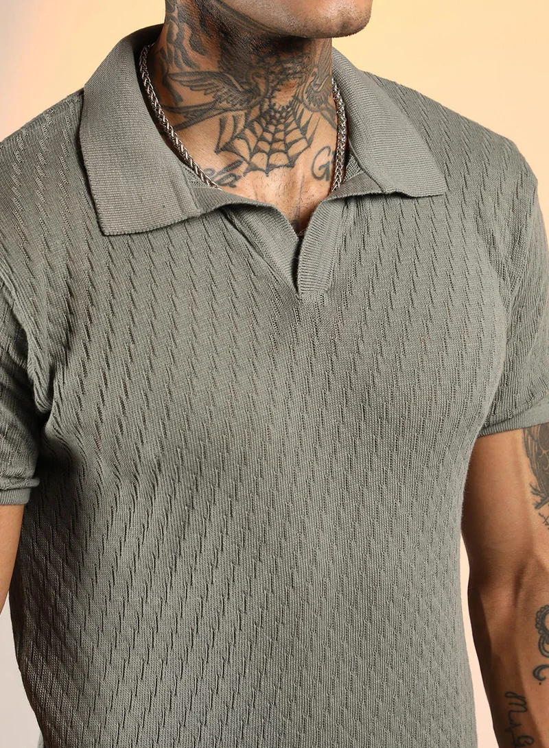 CAHOOT  Men's Ash Grey Rhombus-Knit Polo T-Shirt For Casual Wear | Polo Neck | Short Sleeve | Pull On Closure | T-Shirt Crafted With Comfort Fit For Everyday Wear for Men | Best Price UAE