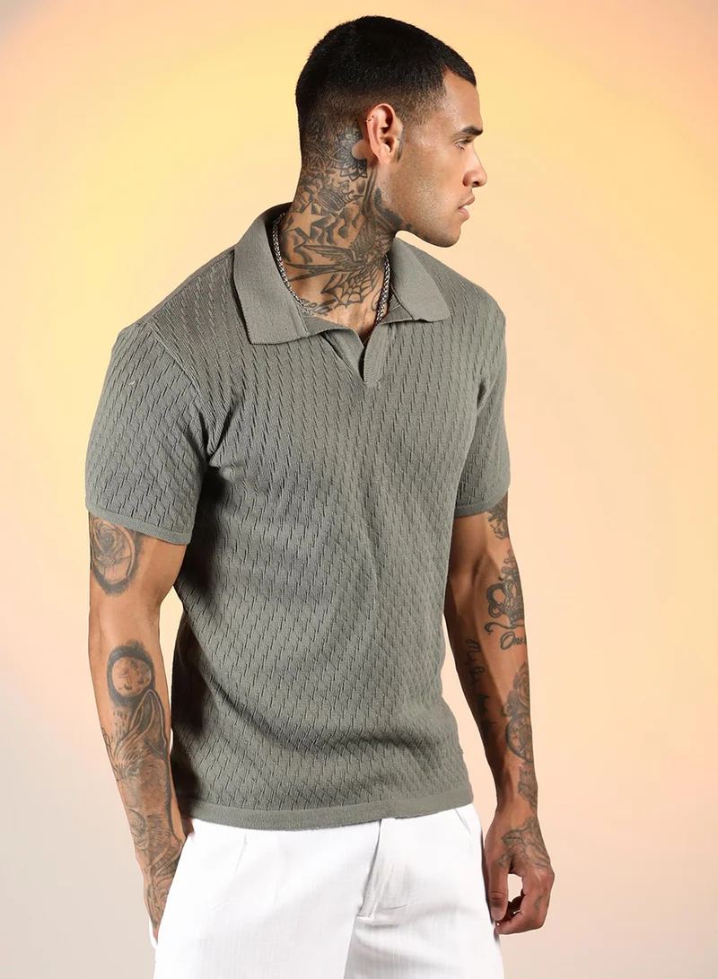CAHOOT  Men's Ash Grey Rhombus-Knit Polo T-Shirt For Casual Wear | Polo Neck | Short Sleeve | Pull On Closure | T-Shirt Crafted With Comfort Fit For Everyday Wear for Men | Best Price UAE