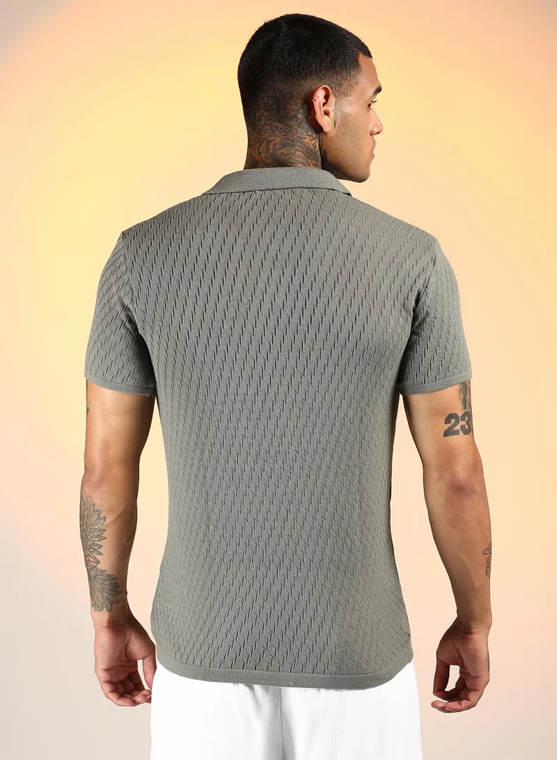 CAHOOT  Men's Ash Grey Rhombus-Knit Polo T-Shirt For Casual Wear | Polo Neck | Short Sleeve | Pull On Closure | T-Shirt Crafted With Comfort Fit For Everyday Wear for Men | Best Price UAE