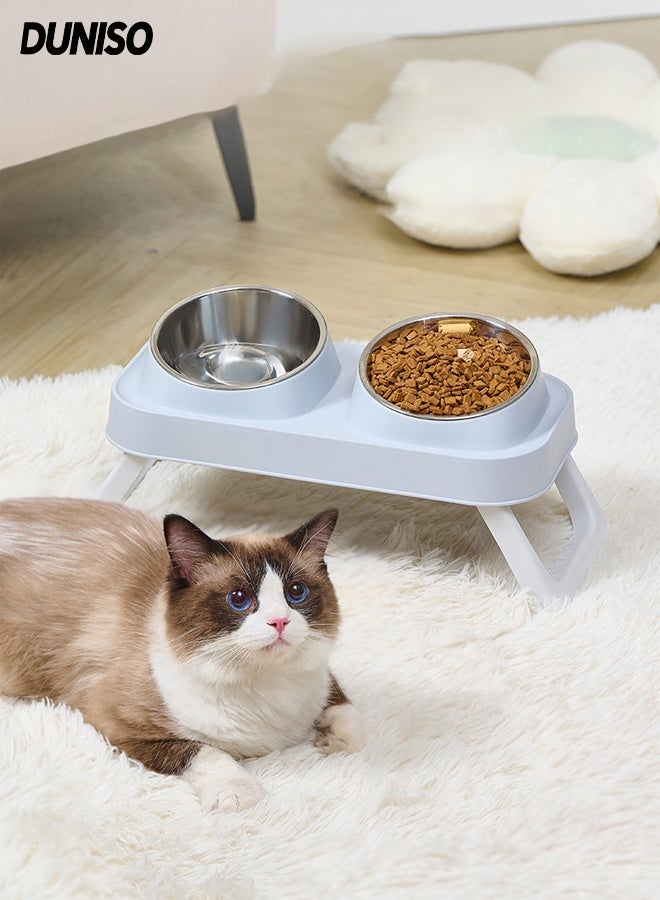 DUNISO Elevated Double Cat Bowls Stainless Steel Cat Feeding Dishes with Foldable Stand Pet Feeding Bowls 15° Tilted Anti-Vomiting Wide Shallow Raised Feeding Dishes Non-Slip Protect Pet's Spine Feeding Bowls for Cats and Puppy - Image 1