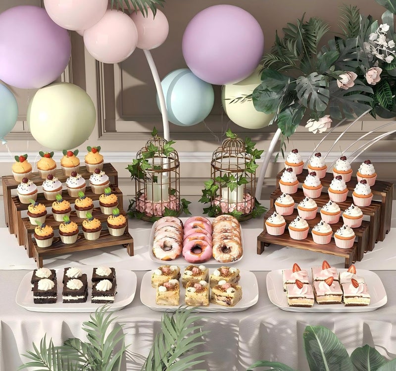 Vecxoty 2 Set Wooden Tiered Risers Display Stands for Vendor Events,Stackable Wooden Cupcake Display Stand,Farmhouse Decor Wood Dessert Table Display Set,Vendor Booth Display Items,Food Display Risers for Partyï¼ˆ12-11.2-10.4-9.6INï¼‰ - Image 3