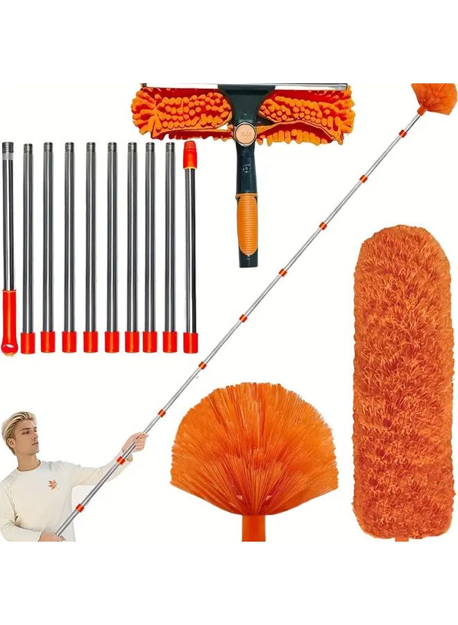 Orange Extendable Microfiber Duster Kit 6m High Reach Ceiling Window Cleaning Brush - Image 1