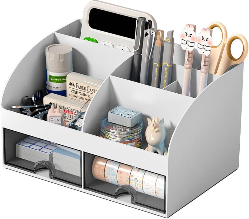 Zeinwap ABS Multifunctional Desk Organiser with 6 Compartments & 2 Drawer Desktop Office Supplies Stationery Storage Box for Pens Staplers Clips Sticky Notes Mobile Holder - White - Image 1