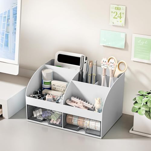 Zeinwap ABS Multifunctional Desk Organiser with 6 Compartments & 2 Drawer Desktop Office Supplies Stationery Storage Box for Pens Staplers Clips Sticky Notes Mobile Holder - White - Image 3