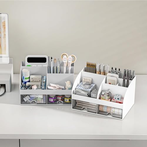Zeinwap ABS Multifunctional Desk Organiser with 6 Compartments & 2 Drawer Desktop Office Supplies Stationery Storage Box for Pens Staplers Clips Sticky Notes Mobile Holder - White - Image 5