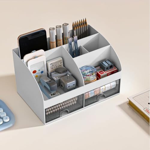 Zeinwap ABS Multifunctional Desk Organiser with 6 Compartments & 2 Drawer Desktop Office Supplies Stationery Storage Box for Pens Staplers Clips Sticky Notes Mobile Holder - White - Image 2