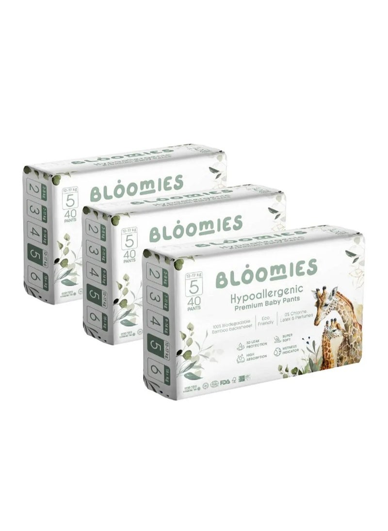 Bloomies Bloomies Premium Pant Style Baby Diapers, Hypoallergenic, 3D Leak Protection, Wetness Indicator, Super Soft, Size 5, 12 to 17kg - 120 Pieces 